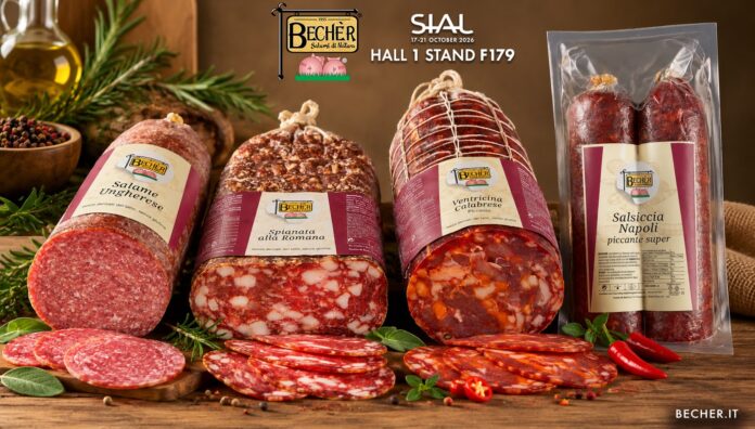Becher Sial 2026 Prodotti e novità del Salumificio Bechèr a SIAL Paris: una selezione di salumi interi e affettati su un tavolo rustico, tra cui Salame Ungherese, Spianata alla Romana, Ventricina Calabrese e Salsiccia Napoli piccante super in confezione, con il logo aziendale e l'indicazione della fiera SIAL Hall 1 Stand F179