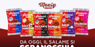 Gamma completa delle confezioni di snack Salami Chips firmate Meaty Snacks nei gusti Tartufo, Salt e Vinegar, Piccante, Paprika, Aglio e Salsiccia