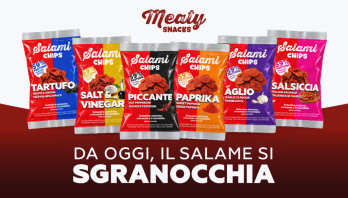 Gamma completa delle confezioni di snack Salami Chips firmate Meaty Snacks nei gusti Tartufo, Salt e Vinegar, Piccante, Paprika, Aglio e Salsiccia