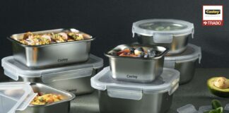 Set di contenitori in acciaio inox per microonde Castey distribuiti da Trabo con coperchi ermetici trasparenti e alimenti freschi