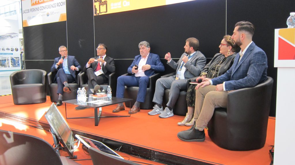 From the left: Marco Povolo (Everel Group), Antonluca Cuoco (Business Company), Fabrizio Galluzzi (TB Engineering), Francesco Salvucci (CTF Automazioni), Corinna Strinati (Fulgor Milano), and Simone Saletti (Nuova Saimpa)