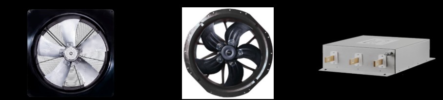 From the left: industrial AC axial fan, industrial EC axial fan (ø900), 3ph+N 600V triple-cell filter by Comestero Sistemi