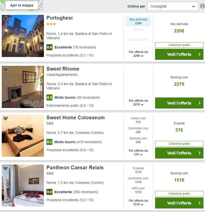 Uno screenshot di Trivago