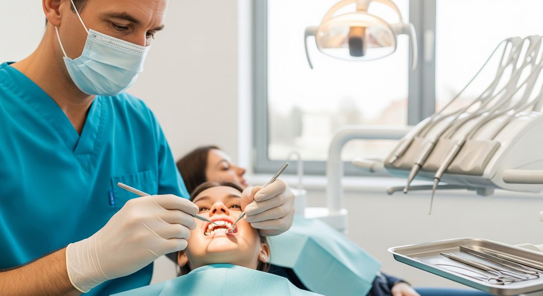 Dentist, doctor's hands with tools in the clinic for periodontol parodontologia