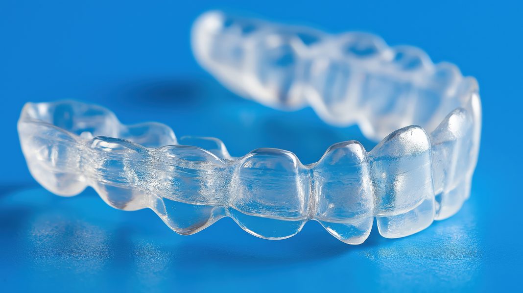 Clear dental retainer on blue background: orthodontic appliance Allineatori consenso internazionale