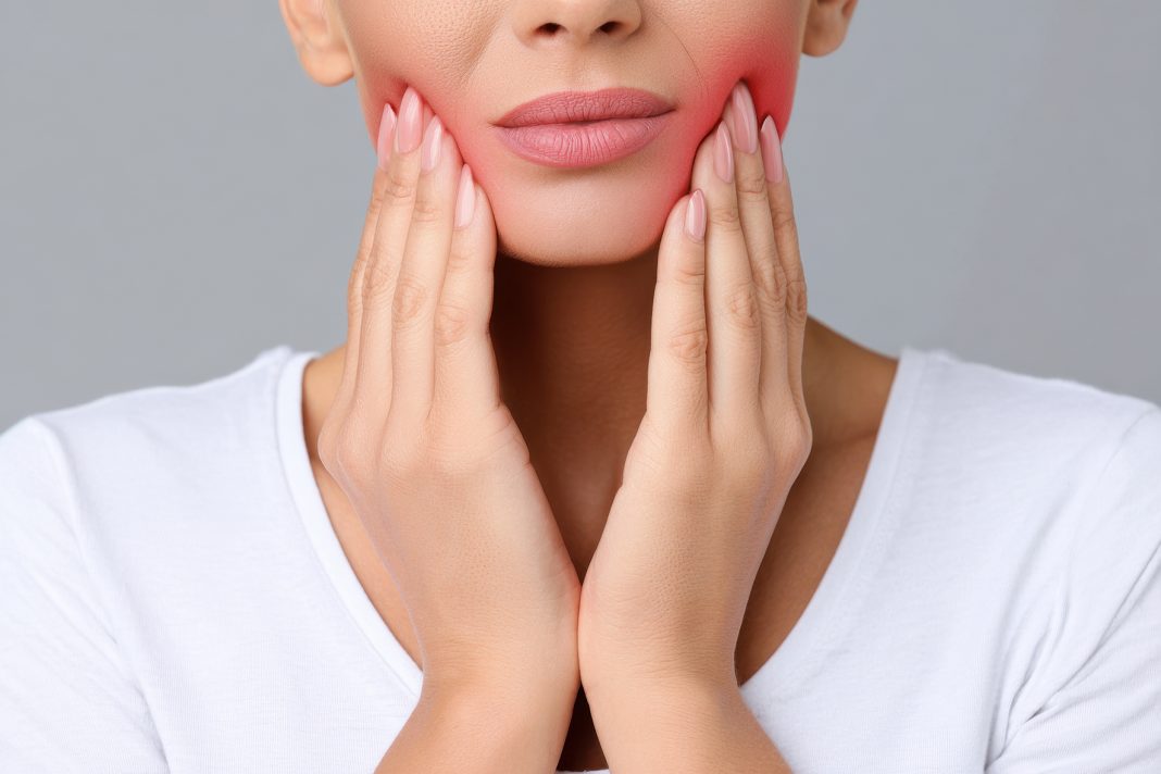 Woman holding her jaw with highlighted red painful area, closeup Bruxismo