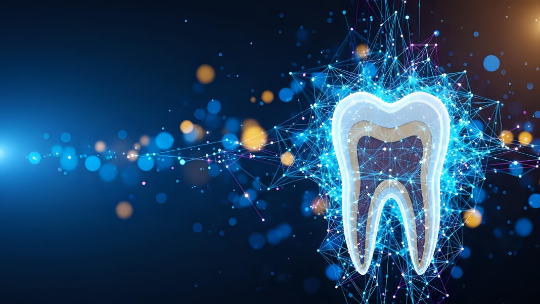 Digital tooth with glowing network connections and particles on polimeri in odontoiatria