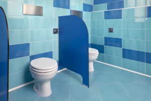 TRA LE SOLUZIONI adatte ai più piccoli nella scuola sono stati installati wc per bambini con placche di comando Viega Visign for Public 1.