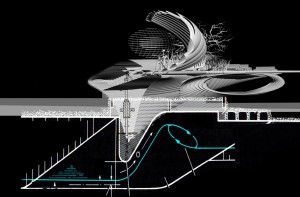 COME FUNZIONA. In questo schema semplificato l'acqua viene pompata dal canale e inviata a tubazioni circolari in acciaio, che costituiscono le pareti delle funzioni collettive. I residui della filtrazione sono utilizzati per concimare un giardino pensile, destinato alla fauna aviaria locale, mentre l'acqua ripulita viene reimmessa a valle del canale. (foto Margot Krasojevic)