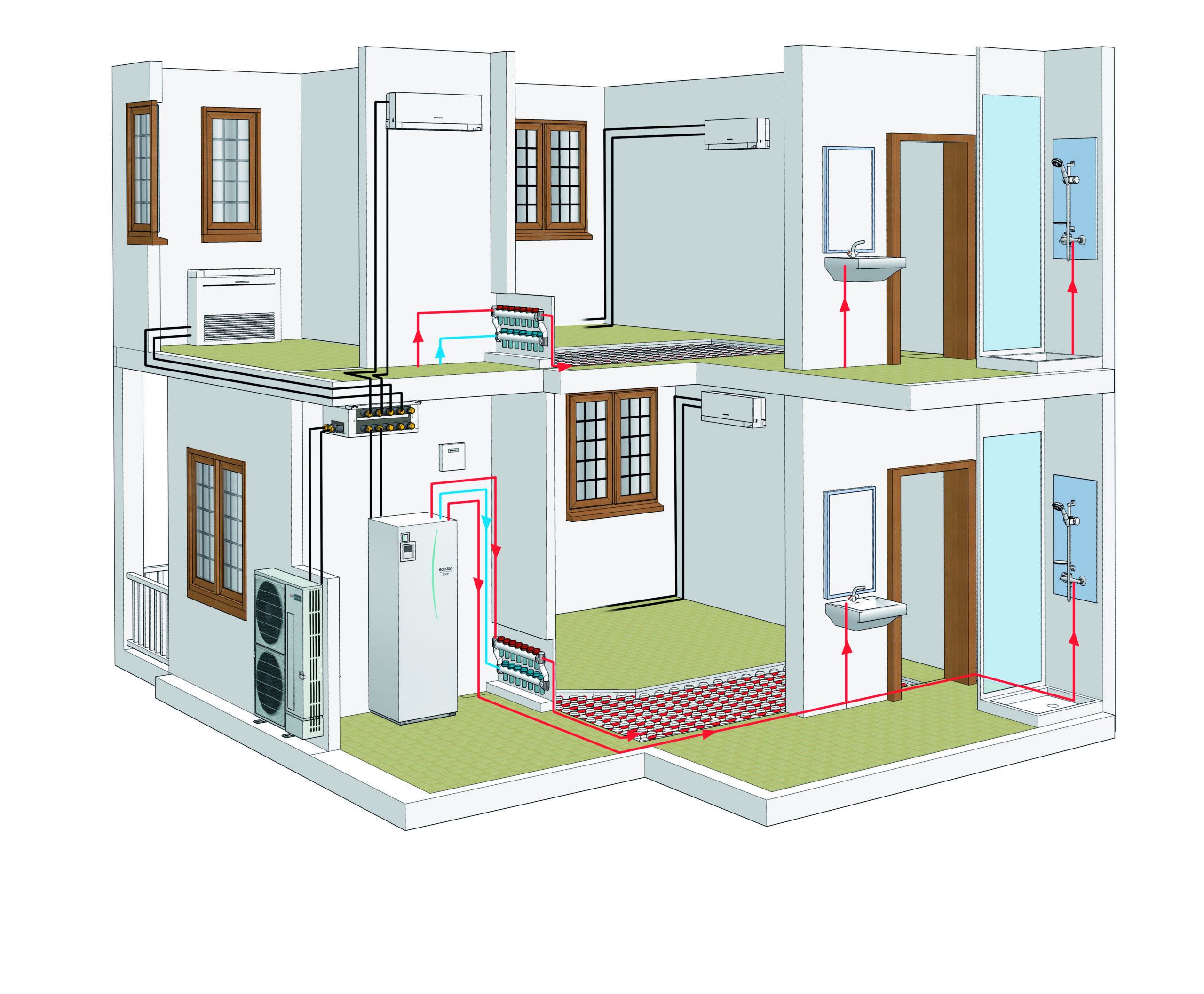 Ecodan Multi è costituito da un’unità esterna miniVRF collegata tramite una coppia di tubazioni di refrigerante a una o due cassette di distribuzione “Branch Box” da cui si diramano le tubazioni frigorifere verso il modulo idronico tipo Hydrobox o Hydrotank.