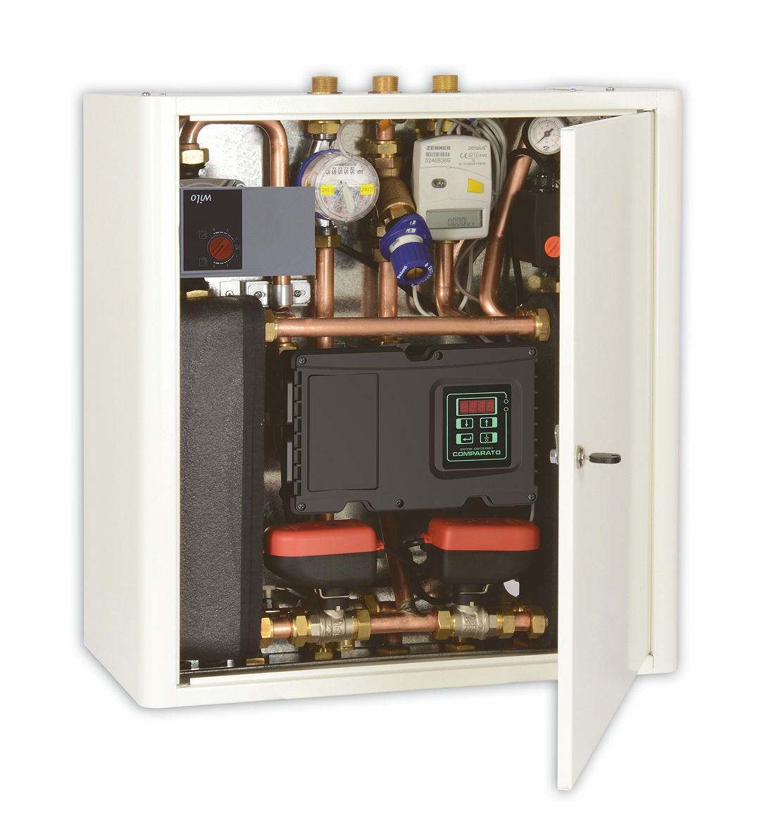 Modulo satellite ad acque separate, con doppio scambiatore di calore a piastre, per riscaldamento e produzione di acqua calda (Comparato).