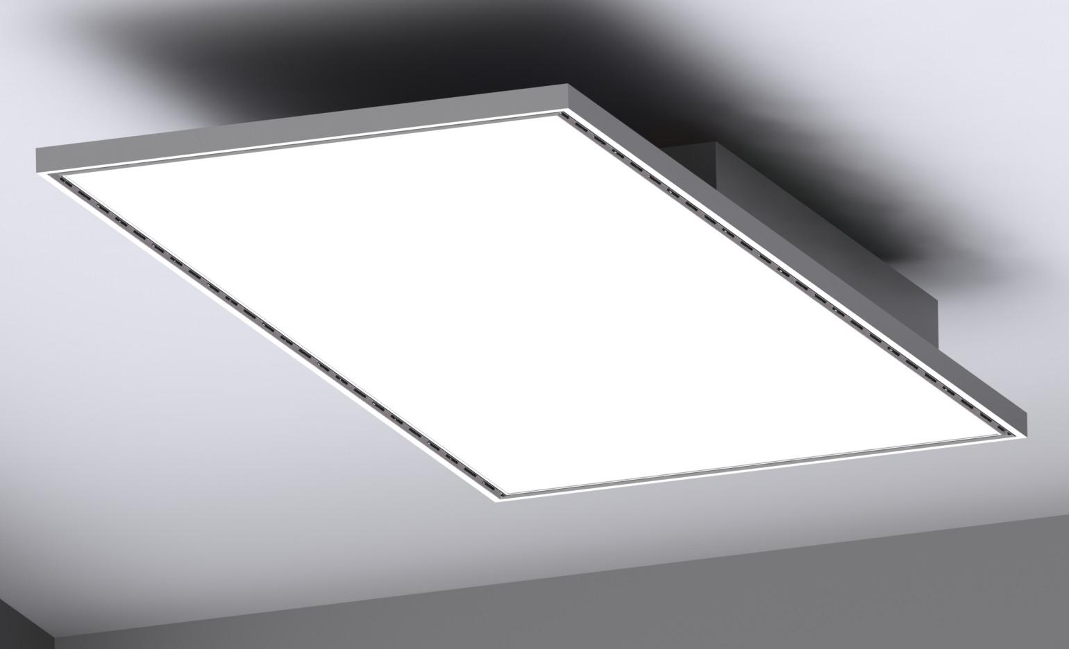 Ventilconvettore Indusail con diffusori lineari ad alta induzione posti sui 4 lati del pannello che può fungere da elemento fonoassorbente e da lampada (Kiefer).