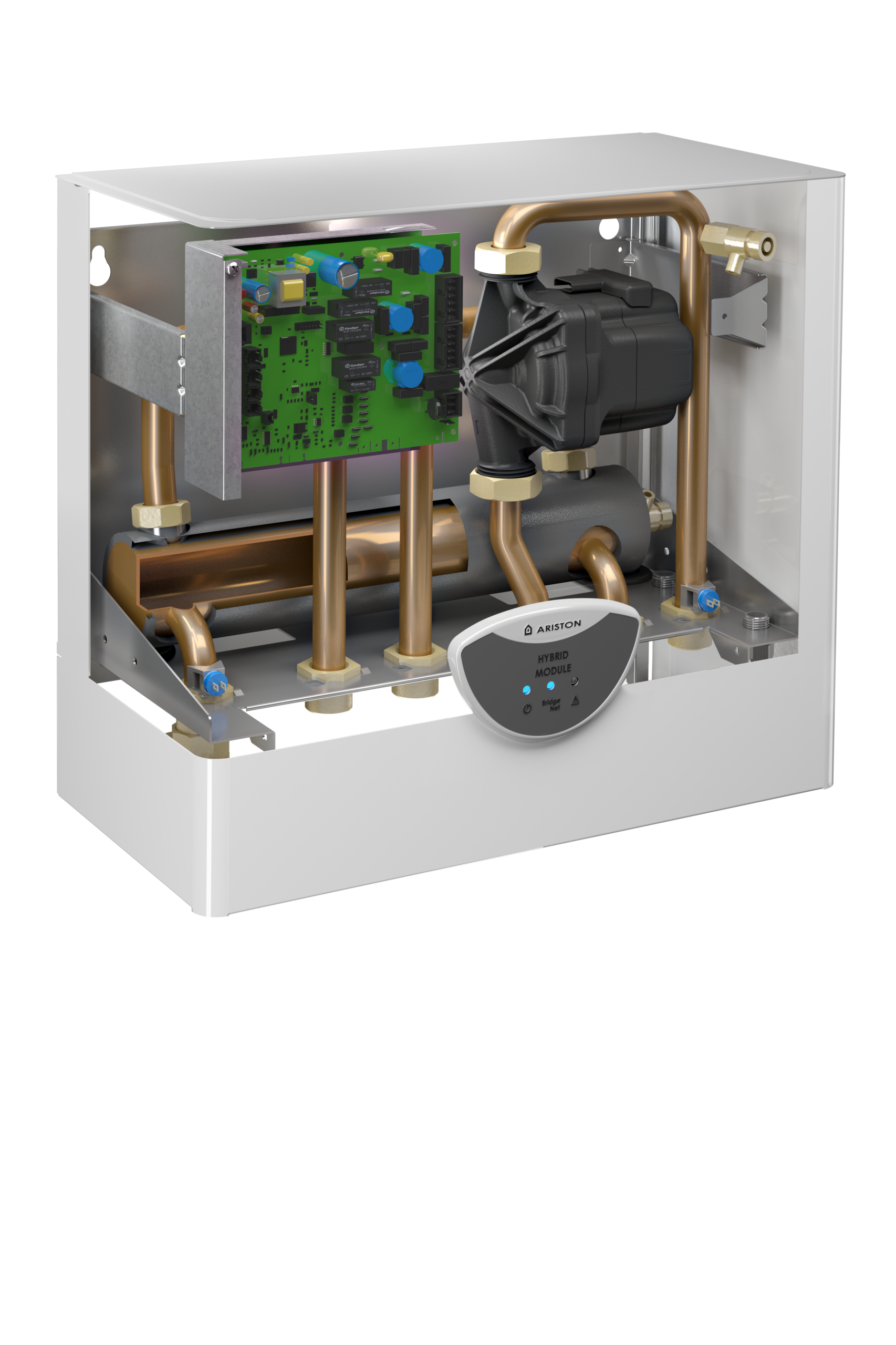 Il modulo universale per il riscaldamento domestico e la produzione di acqua calda sanitaria consente di abbinare il sistema a pompa di calore aria/acqua ad una qualunque caldaia mista.