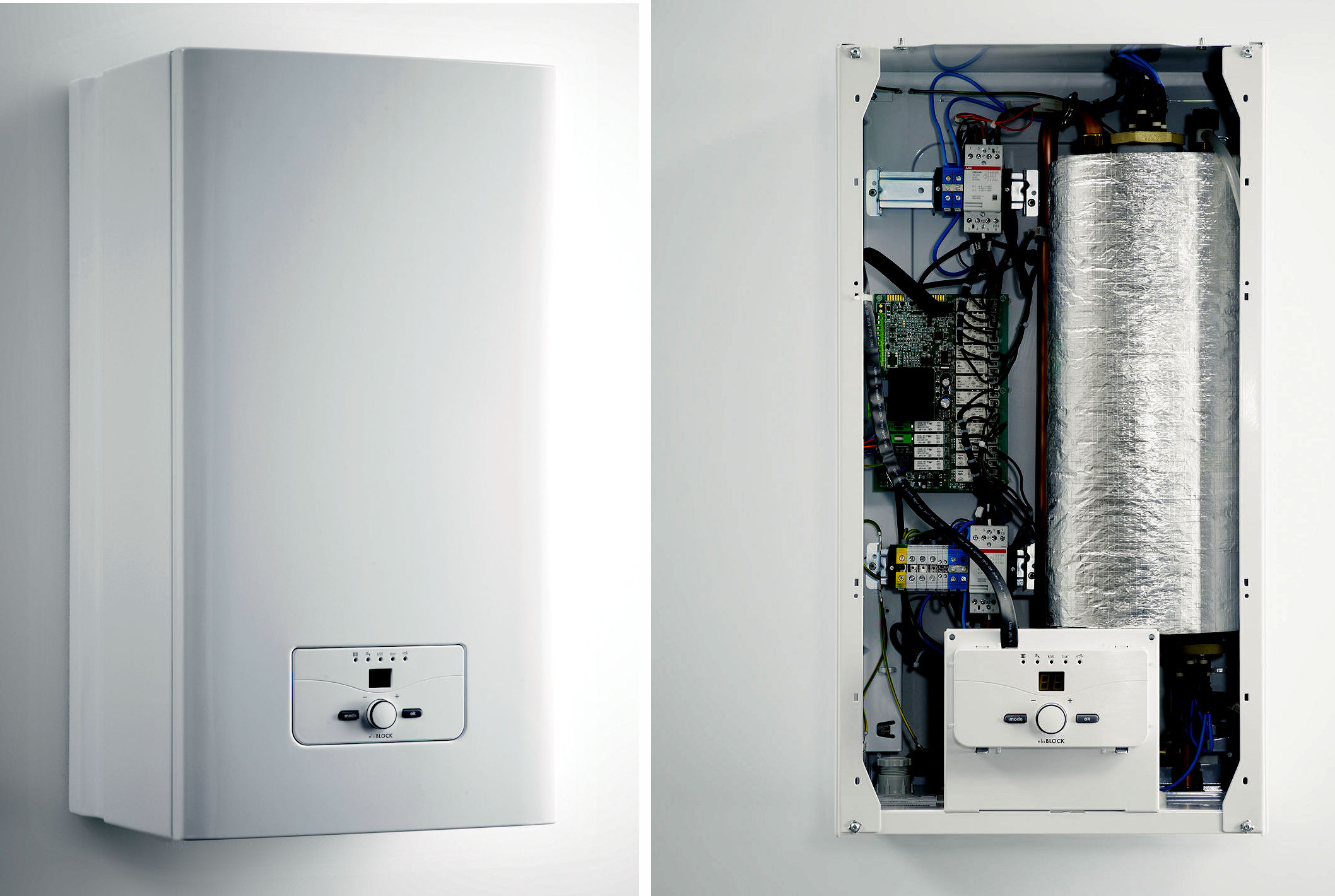 Oltre allo scambiatore termico cilindrico con le resistenze elettriche, la caldaia elettrica è completa di circolatore per riscaldamento, vaso di espansione e di tutti i dispositivi di controllo e sicurezza (Vaillant).