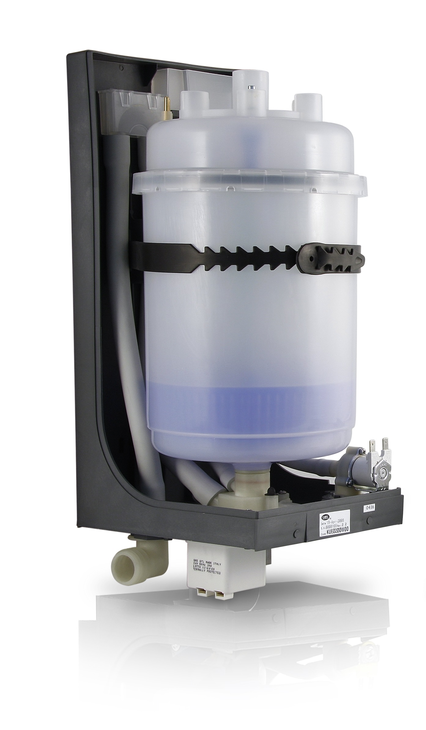 Umidificatore ad elettrodi immersi in versione OEM: vista del cilindro e dell’elettrovalvola di alimentazione (Carel).