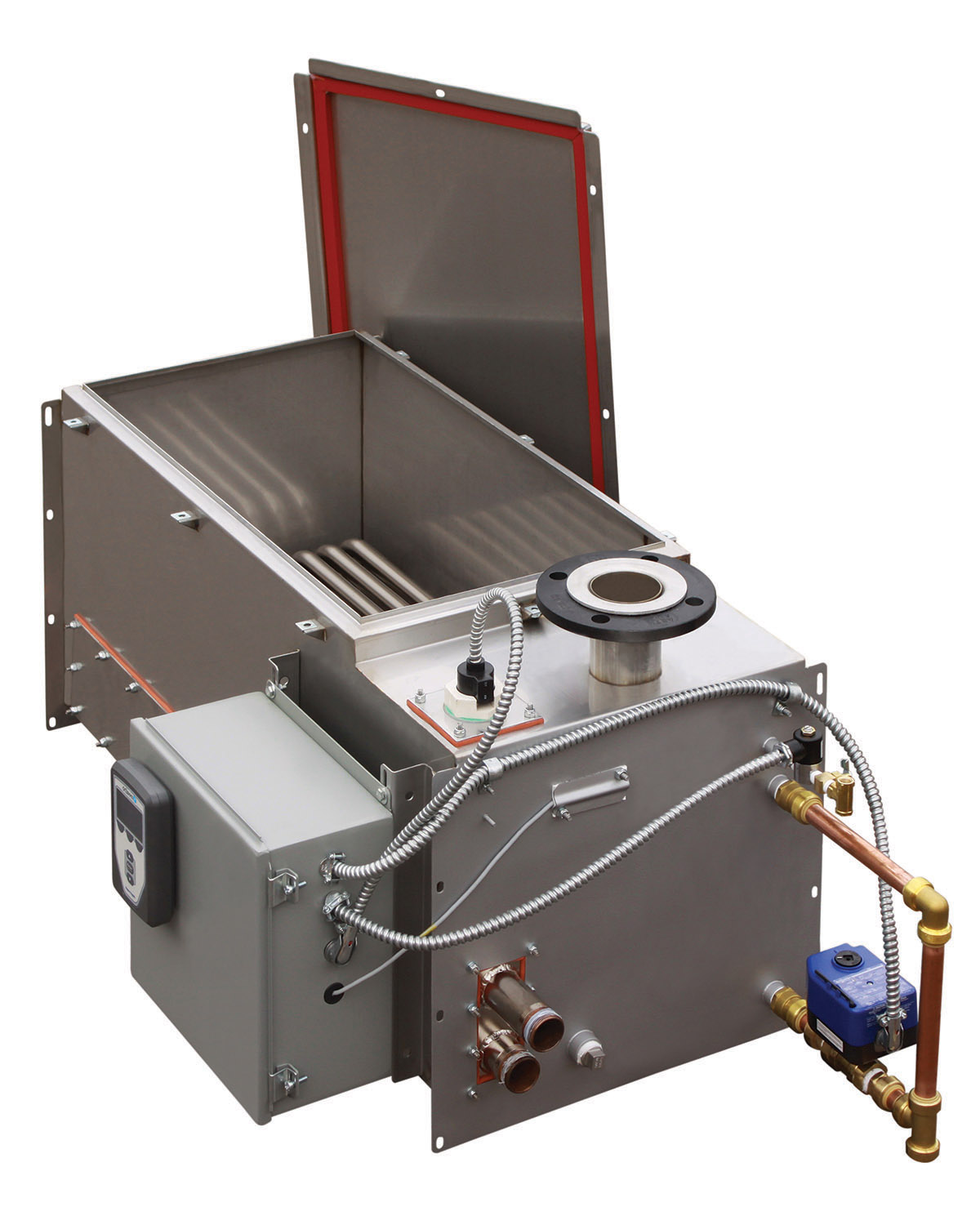 Umidificatore a vapore. Se nella struttura è disponibile un circuito di vapore, viene semplice produrre il vapore per l’umificazione attraverso uno scambiatore vapore-vapore. La portata oraria prodotta dall’apparecchiatura è di 726 kg/h (DriSteem).