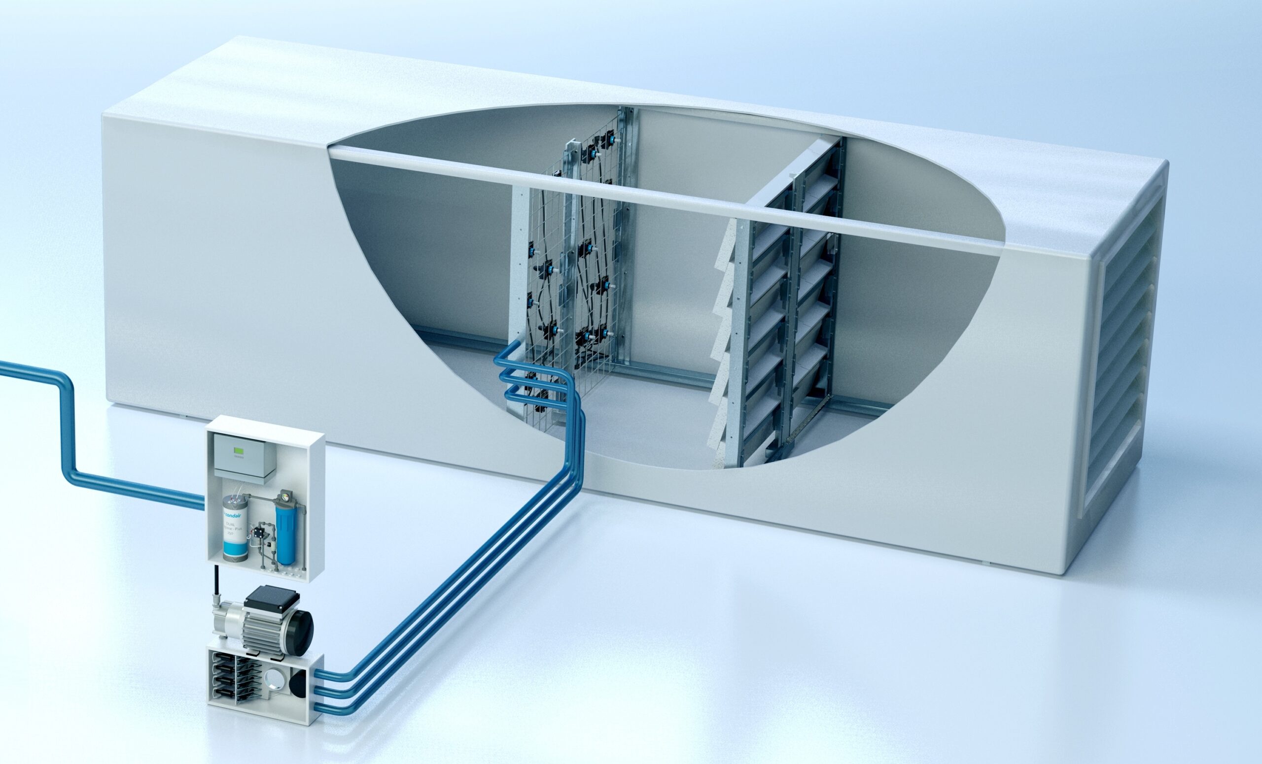 L’impiego di sistemi di umidificazione adiabatici con pacchi evaporanti consente oltre all’umidificazione del flusso d’aria anche un benefico effetto raffreddante. In questo caso il produttore ha coniugato in questa soluzione l’atomizzazione dell’acqua con un pacco ceramico evaporante che permette di completare l’umidificazione dell’aria senza gocciolamenti (Condair).