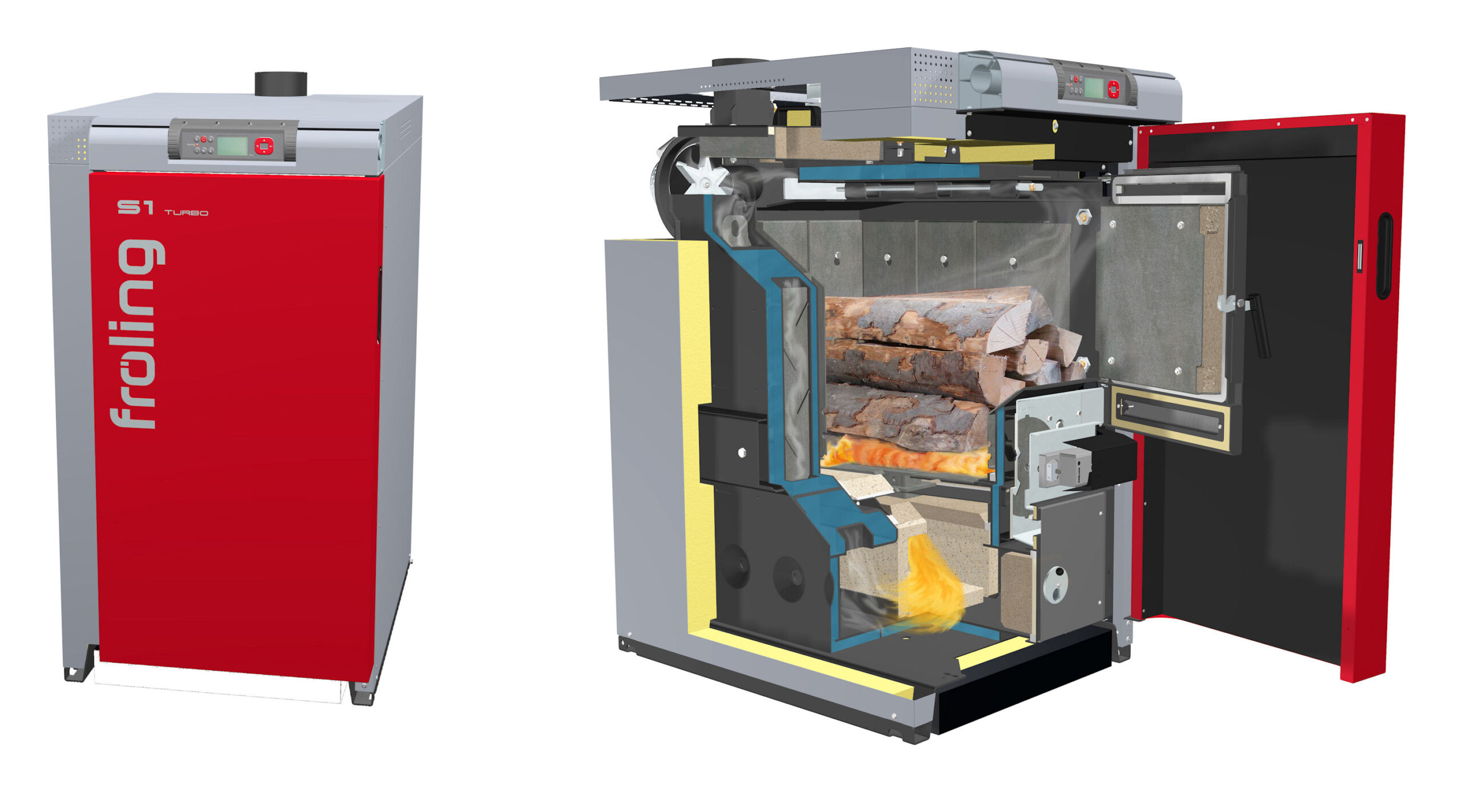 Innovativa caldaia a legna, con regolazione automatica dell’aria primaria, di quella secondaria e di quella per l’accensione. Vano di carico per ciocchi lunghi fino a 56 cm. Sportelli dei vani di carico e di pulizia raffreddati ad acqua. Gamma potenza nominale 15 – 20 kW. Rendimento nominale 92,5% (Fröling).