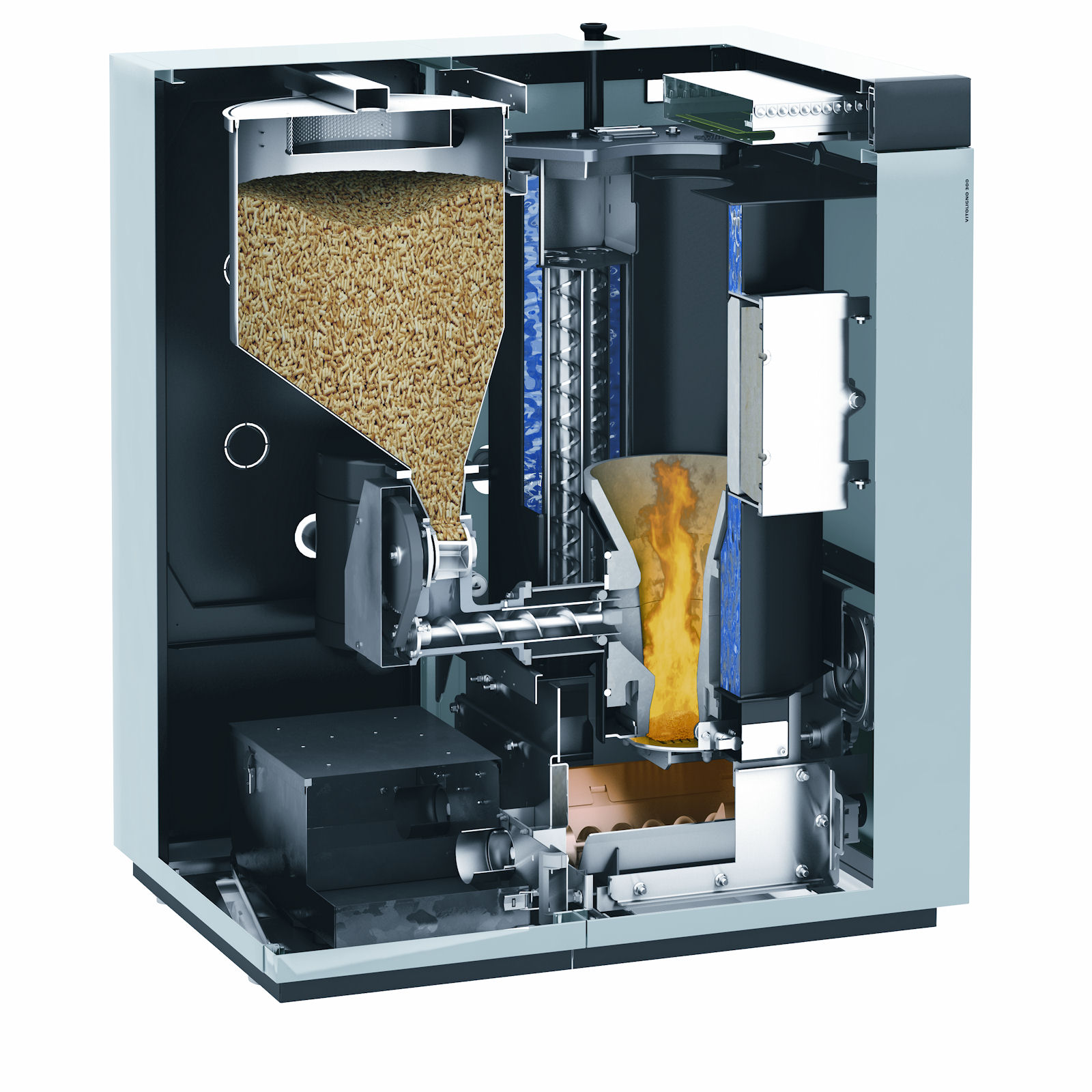 Caldaia a pellet compatta automatica. Potenza nominale 18 – 48 kW. Rendimento max. 95%. Estrazione automatica della cenere in apposito contenitore mobile. Stiva pellet laterale per il fabbisogno settimanale (Viessmann).