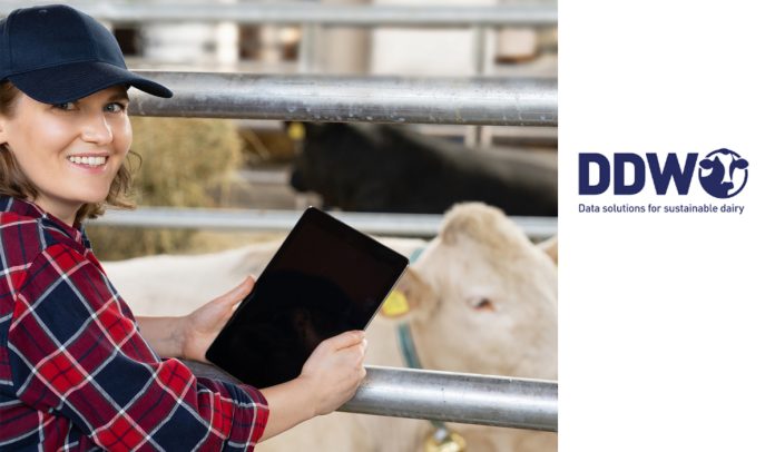 DDW logo e allevatrice con tablet lattiero caseario