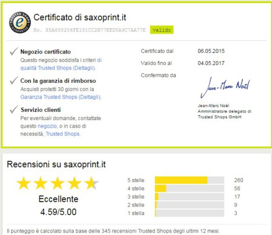 Saxoprint è certificato Trusted Shops per consegna, qualità della merce e servizio clienti