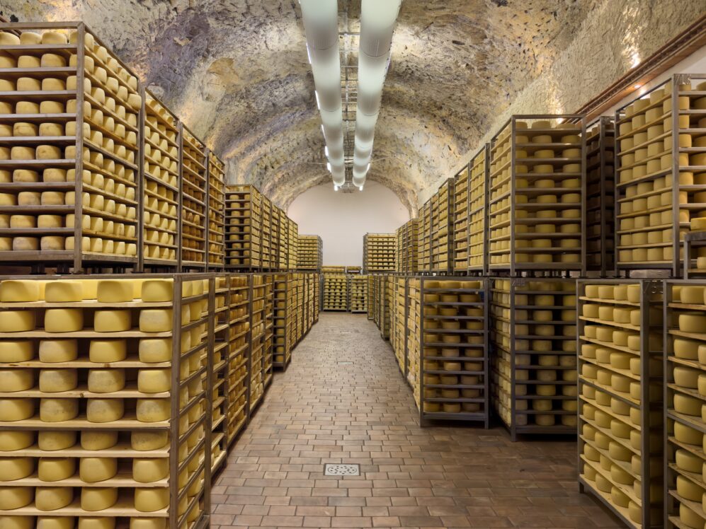 Nei locali di stagionatura in grotta, il microclima naturale viene replicato fedelmente con l’utilizzo della tecnologia Bioxtech®