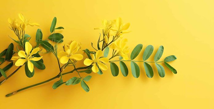 Senna leaflets derived from Cassia senna L are commonly used for occasional constipation isolated pastel background Copy space