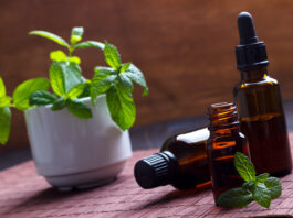 Menta e cardamomo contro la nausea post-operatoria Bocceta di olio essenziale e pianta di menta