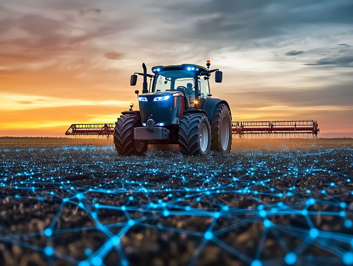 AdobeStock_1111249288_Autonomous tractor with artificial intelligence, digitalization and digital transformation in agriculture 4, 0, smart farming