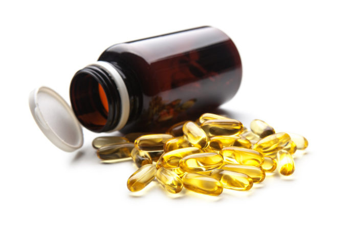 Fish oil capsules and container