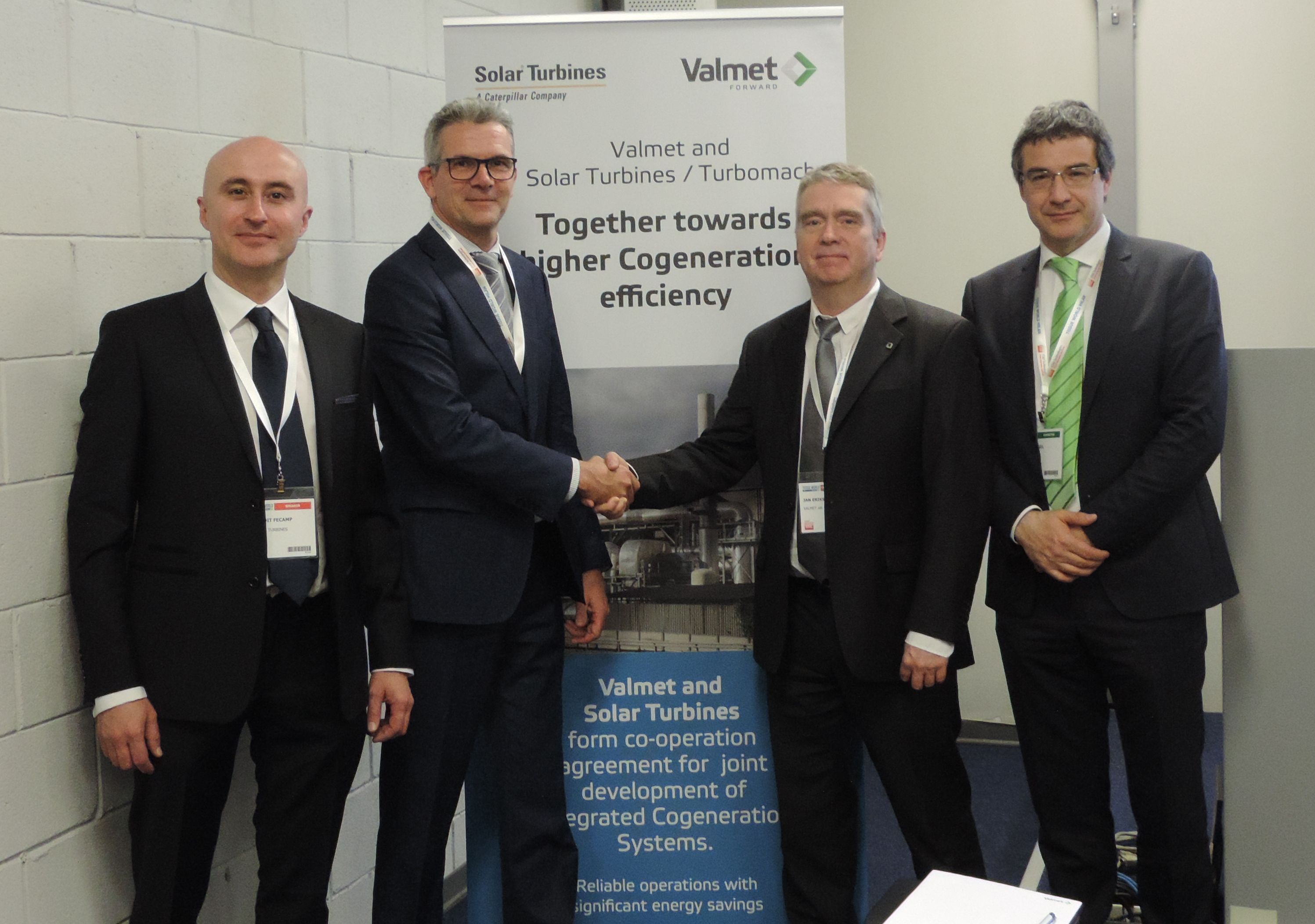 From left to right Benoît Fécamp, Paper & Tissue Market, Global, Market Development and Aad Den Elzen, Business Development Director, Solar Turbines Power Generation; Jan Erikson, VP Sales, Tissue Mills Business Unit and Paolo Vezil, Product Sales Manager, Valmet.
