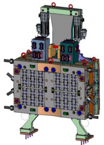 4 Oggi i radiali elettrici sono ancora poco diffusi. Il modello CAD in figura mostra un azionamento per otturatore completamente integrato. Due servomotori sincroni con albero verticale integrato assicurano una chiusura altamente dinamica e precisa dei canali caldi in uno stampo a cubo a più impronte (figura Foboha)