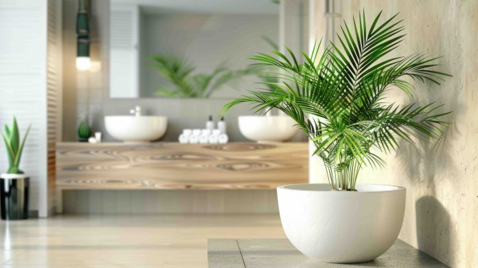 Palm tree plant in white marble pots decorate the interior of a modern minimalist bathroom bathtub