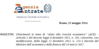 Diffusa circolare di chiarimento su modalita applicazione ACE (aiuto alla crescia economica) per le imprese
