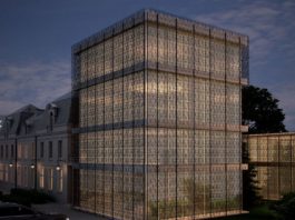 Seconda pelle artistica a maglia di metallo per vestire le geometrie degli edifici
