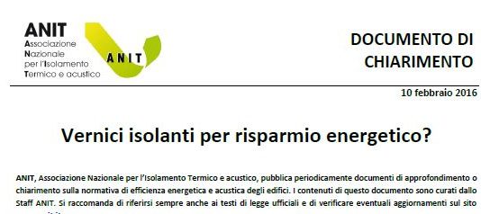 Documento verità ANIT sulle vernici per isolamento termico e risparmio energetico