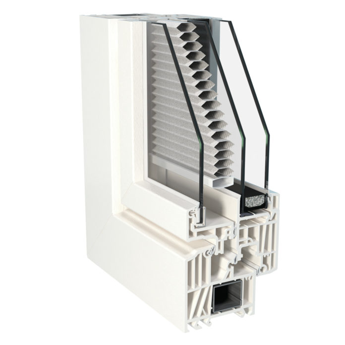 Finstral_Top 72_Dettaglio telaio-anta Twin-line Classic PVC vista esterna_con tenda plissettata a nido d'ape