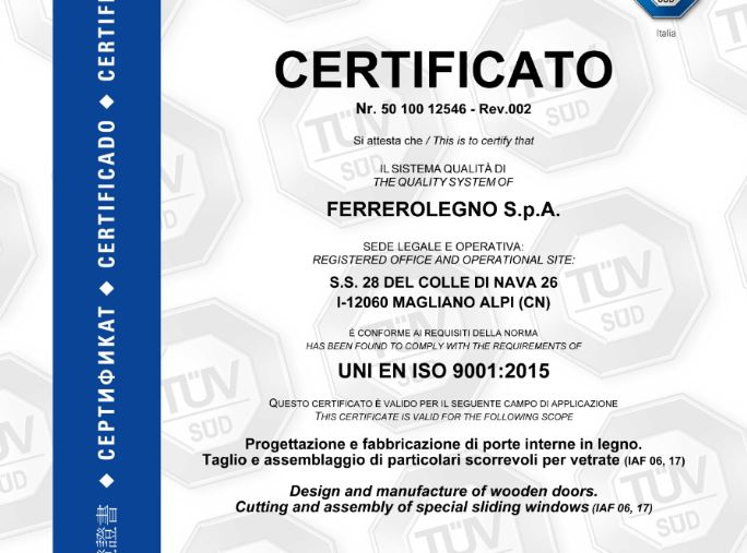 Ceriticato del sistema qualita ferrerolegno secondo la ISO 9001 2015. JPG