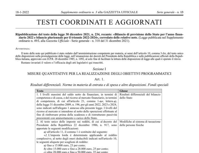 Ripubblicazione con note della legge di Bilancio 2022