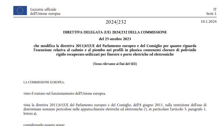 Profili con PVC recuperato, l’UE definisce esenzioni per cadmio e piombo