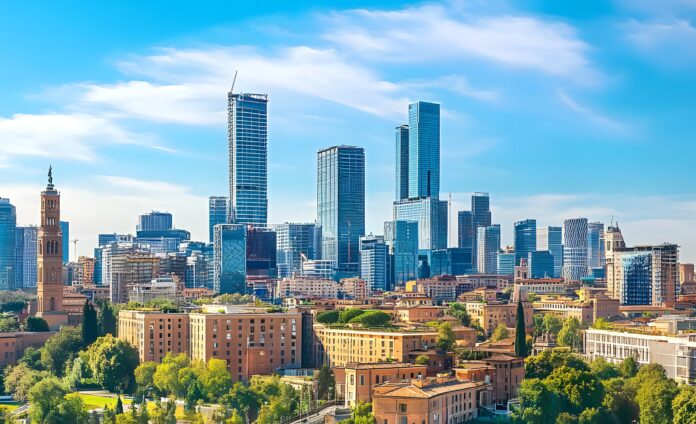 The skyline of Rome's Business District with high-rise buildings rising against a backdrop of a clear blue sky