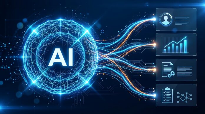 Artificial intelligence network sphere glowing with blue lights connecting to various business application icons for innovation and data analysis. (foto AdobeStock)