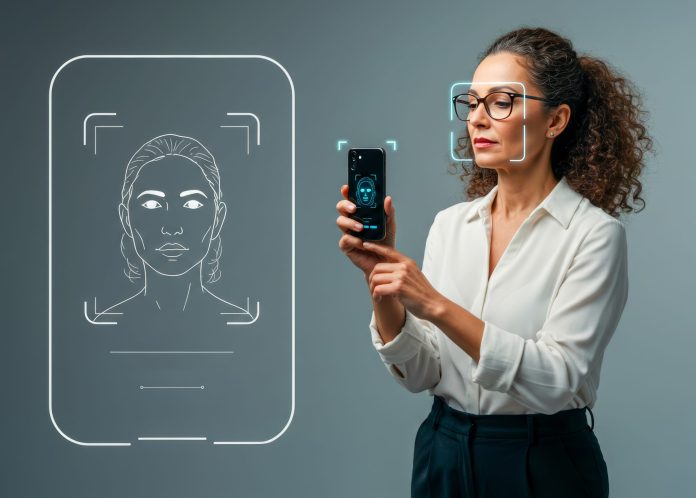 Businesswoman Using Facial Recognition Smartphone App Security Technology