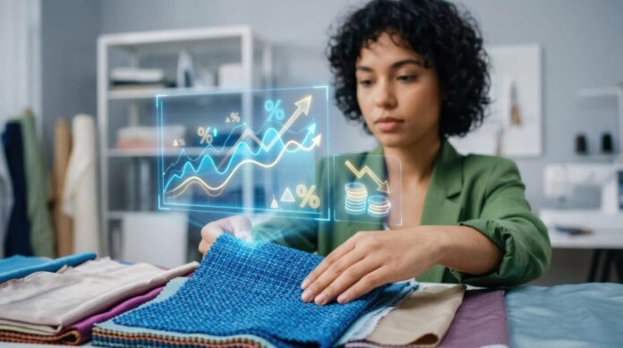 Fashion buyer evaluating fabric samples in studio setting documentary style