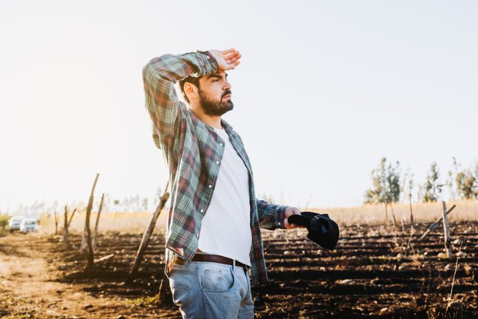 Young worker farmer man tired after work, next to his farmland and looking at his plantations. caldo