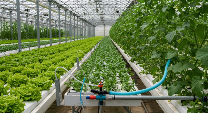 vegetali_Hydroponic greenhouse with rows of lettuce and cucumber plants. Modern agriculture technology for sustainable food production. Industrial scale vertical farming system immobili non agricoli