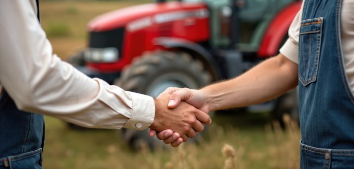 Businessman shakes hands with farmer near red tractor. Business deal, agreement, collaboration in agriculture. Partnership, teamwork, farm machinery purchase, selling, buying tractor, equipment. Men
