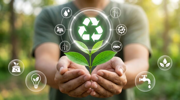Human hands hold a small plant surrounded by glowing digital eco icons symbolizing environmental sustainability and recycling.