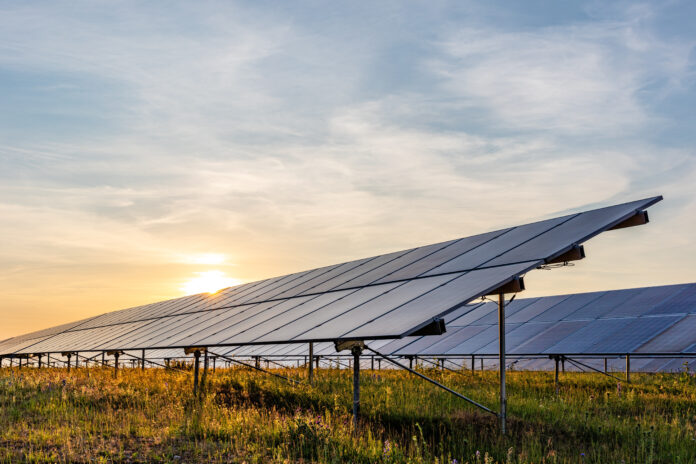 Agrivoltaico_AdobeStock_362408905_ground mounted photovoltaic power station at sunset