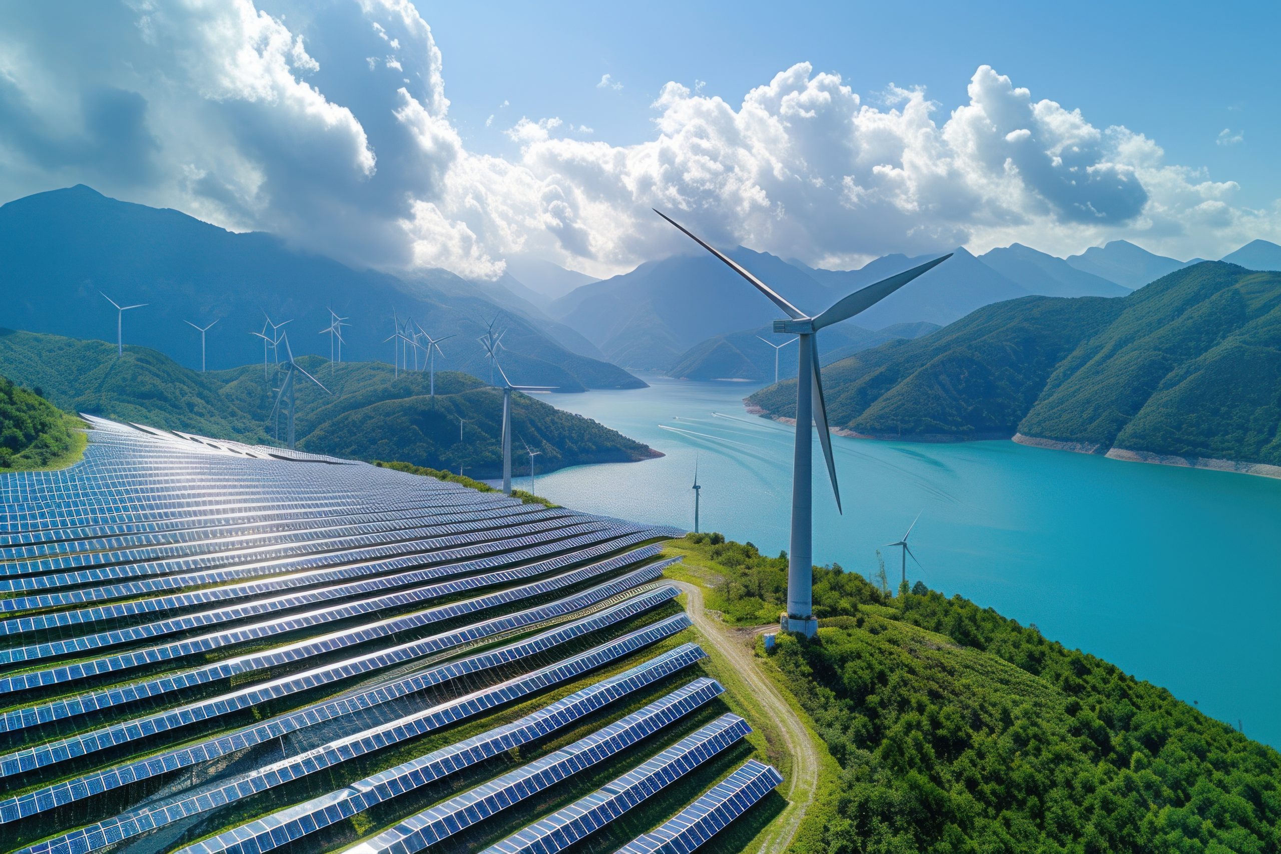 Aerial View of Wind Farm With Lake and Mountains UL Solutions rinnovabili